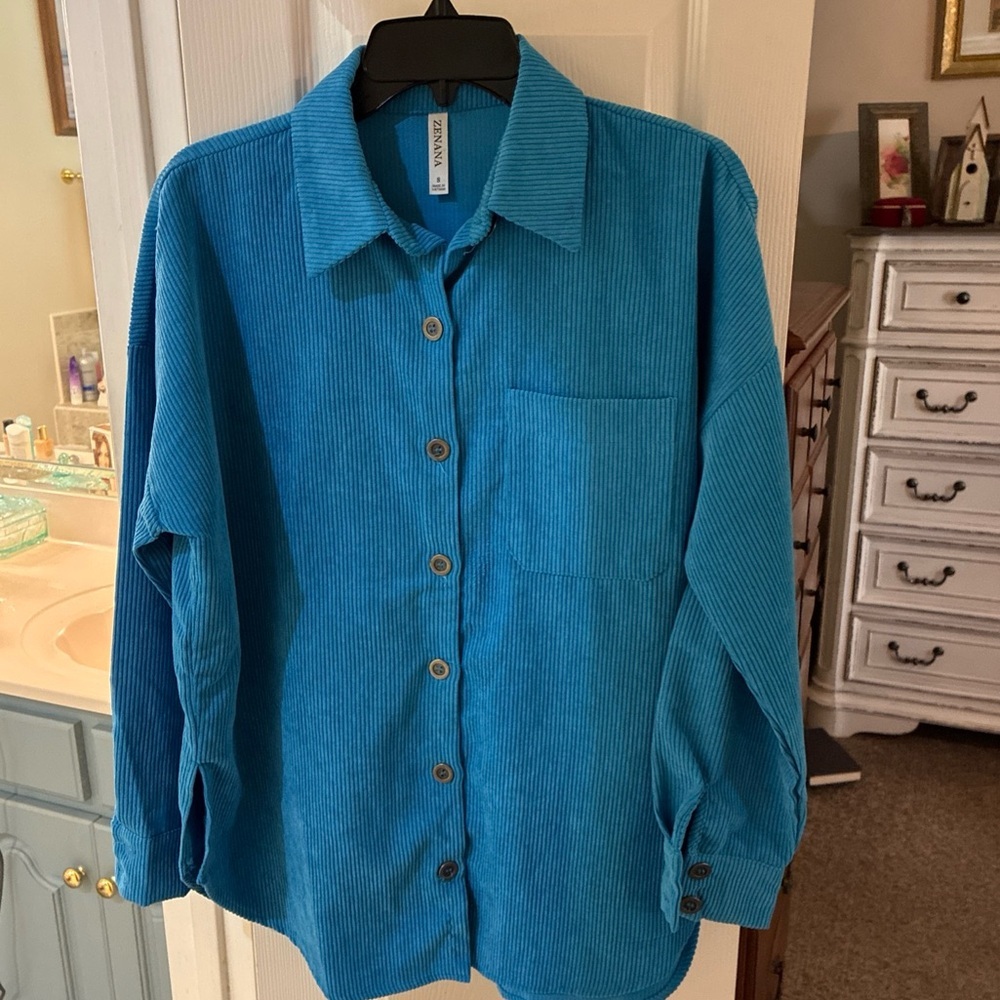 Zenana Bright Blue Oversized Corduroy Button Up Shacket SZ S
